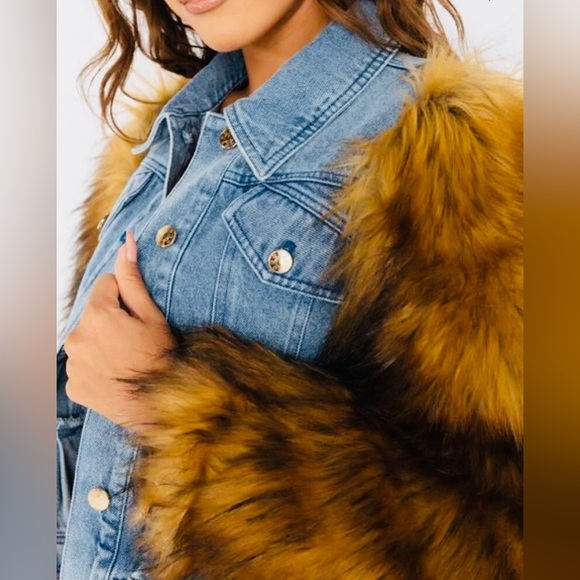 New Portugal Denim Faux Fur Arm Jacket, Blue Denim, Fluffy Arms, Western Cowboy - Picture 2 of 5
